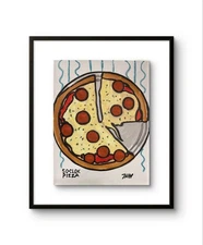 14X11 CANVAS ORIGINAL ACRYLIC HAND PAINTED EXPRESSIONIST 5 OCLOK PIZZA