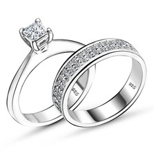 Solid Genuine 925 Sterling Silver Cubic Zirconia Bridal Rings Sets Princess C...