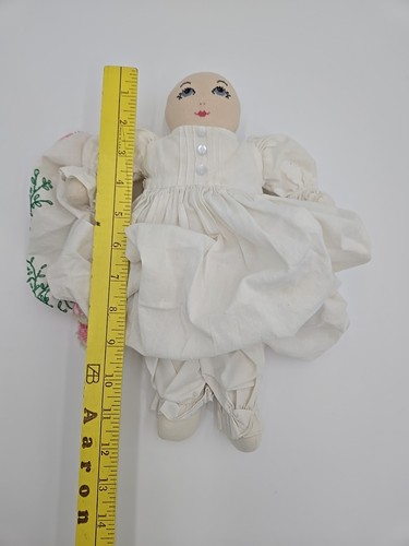 Stoff Stoff Stoffpuppe Kreuzstich Gesicht Vintage Kleid ist bestickt & gehäkelt - Bild 11 von 12