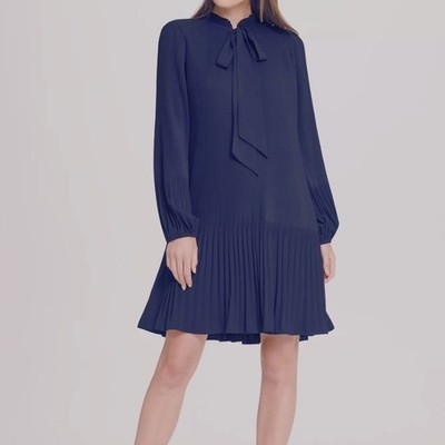 NWT DKNY Womens Navy Pleated Long Sleeve Tie Neck Shift Dress Size 16 | eBay