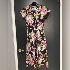 Vintage Avon Floral Midi Dress in Black with Pink & White Blooms Button Up