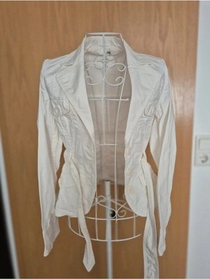 H&M Damen Jacke Weiß Kurz Baumwolle Gr. 34 Langarm Knopfverschluss Knöpfe