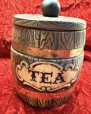VINTAGE 1960s ? TREASURE CRAFT BARREL CERAMIC TEA CANISTER JAR 6 