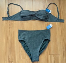 NWT Lands End Swimsuit 2 Piece High-Waisted Bottom Dark Green Metallic. Size 8