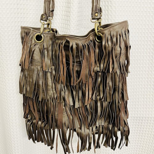 Anthropologie Boho Raj Genuine Leather Brown Fringe Soft Hobo Handbag Cowgirl - Picture 8 of 18