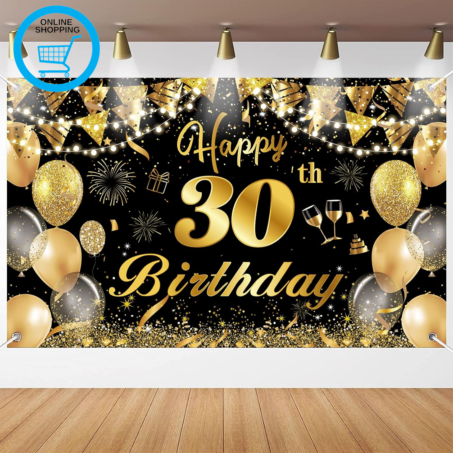 Happy Birthday Banner - Black Gold 30Th Birthday Party Background, 180×110Cm