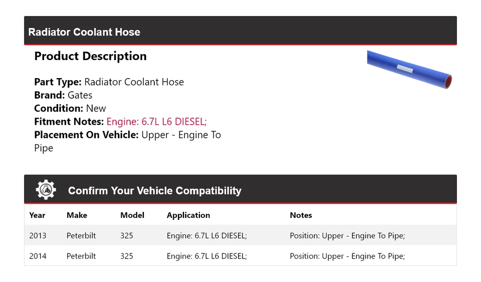 Верхний шланг радиатора охлаждающей жидкости для 2013-2014 Peterbilt 325 — ворота от двигателя до трубы - Изображение 2 из 4