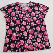 Divine Stretch Scrub Top Women's Small V-Neck Floral Hearts San Valentine's