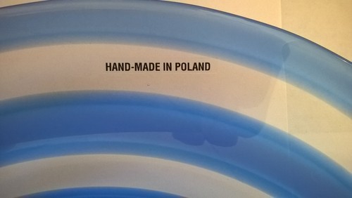 Poland Hand Blown Art Glass Thick Platter Plate Bowl 12" Blue Clear Spiral NICE! - Picture 7 of 17