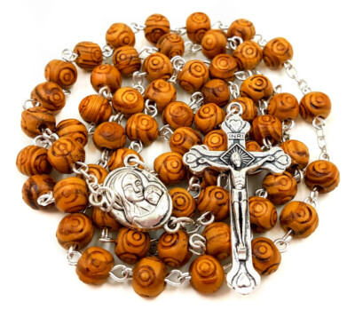 Olive Wood Rosary Necklace Catholic Chaplet Cross & Holy Soil Medal 22''