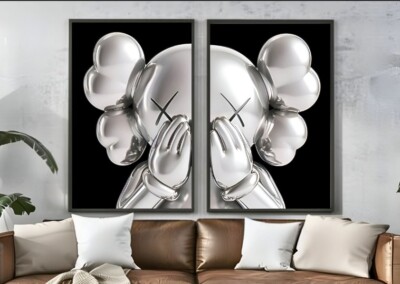 Set of 2 Silver Kaws face art Pieces canvas wall home decor