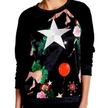 Rowley Love Kit Black Silky Sweatshirt With Embroidered Star Artsy 90s Y2K XS