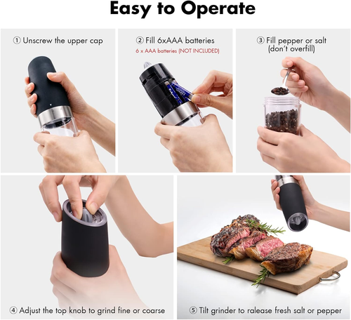 Simcoker Electric Salt and Pepper Grinder Set, Battery Operated Mill Gravity Aut - Picture 5 of 12