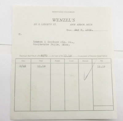 1935 Lamson Goodnow Wenzel's Ann Arbor MI Payment Voucher Ephemera L952B