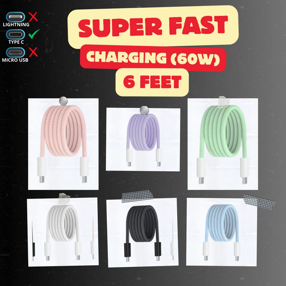 2-Pack USB-C to USB-C Charger Cable 6FT 60W Fast Cord for iPhone 16 Series! - Image 3 of 4