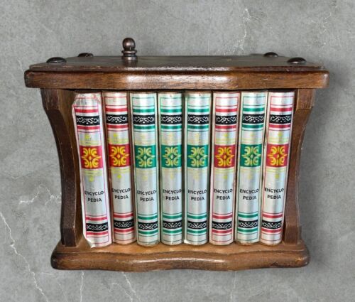 Vintage - Wood & Cork Encyclopedia Coasters - Set of 8 In Wooden Carrier Holder