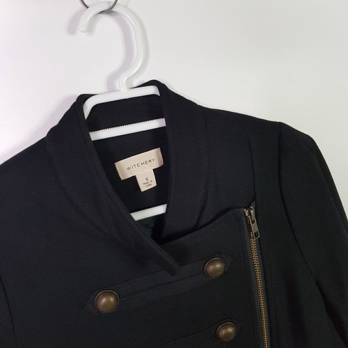 Witchery Military Jacket Womens Size 6 Black Slim Stretch Double-Breast Embroid - Picture 6 of 13
