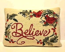 Hand Hooked Wool Pillow Christmas Holly Cardinal~ Susan Winget~ 18” X 13” 
