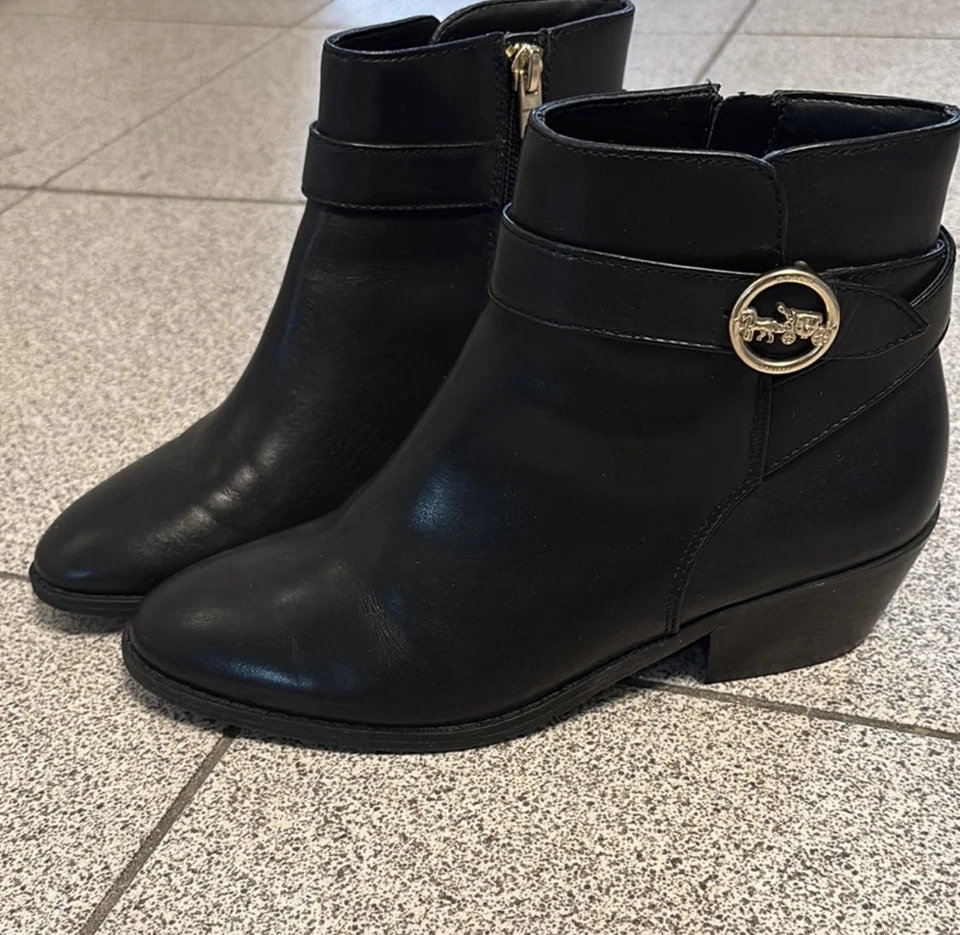 Used Coach Black Ankle Boots with Gold Emblem - Size 5B - Image 2 of 4