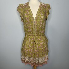Spell & The Gypsy Dahlia Ra Ra Green Floral Ruffle Tiered Boho Dress Size S
