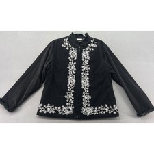 White Stag Sweater Womens Black Corduroy Embroidered Jacket Faux Fur Trim Sz M