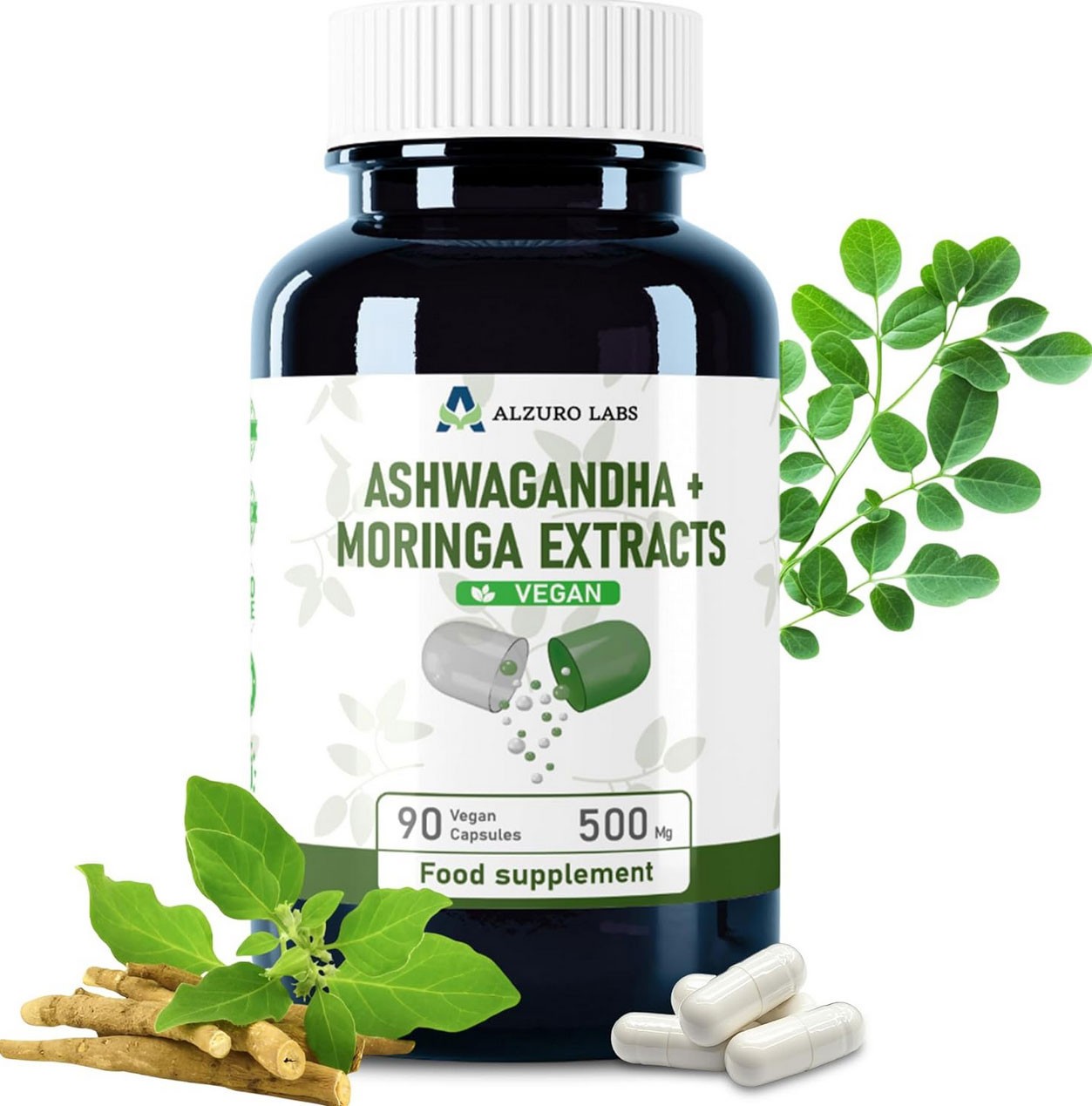 Ashwagandha + Moringa Extracts 500g I 90 Caps, Superfood for Energy, Immunity