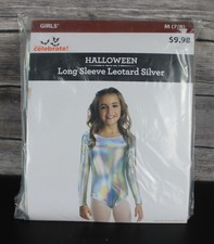 Girls Way to Celebrate Holographic Silver Long Sleeve Leotard M 7/8 Halloween