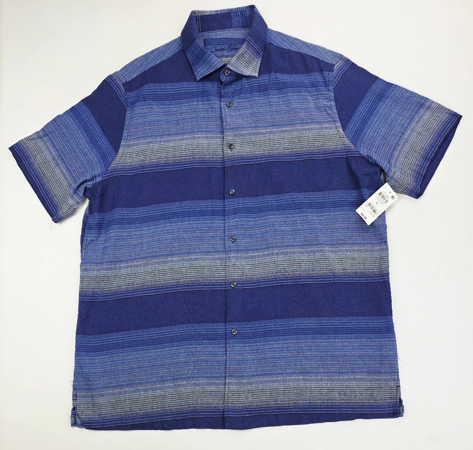 Tasso Elba Mens Size XL Blue Gray Stripe Short Sleeve Linen Blend Shirt NWT