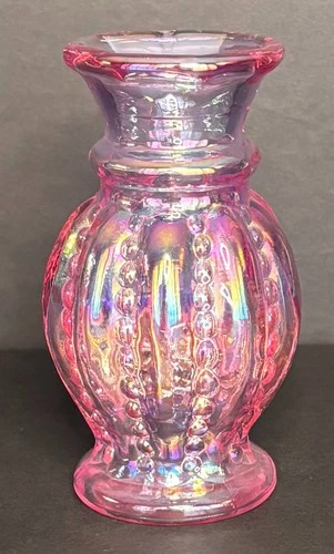 Fenton Art Glass Mini Vase Iridescent Pink Beaded Melon 4" Vintage