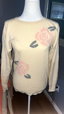 Pringle 100 Cashmere Beige Floral Rose Crewneck Pullover Sweater 34