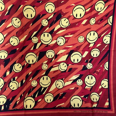 Vintage Smiley Face Bandana Red Yellow RN 13960 Made in China 100