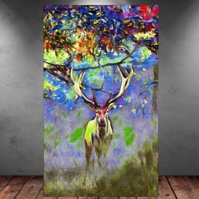 LEINWAND BILD ER XXL POP ART HIRSCH WALD BAUM BUNT ABSTRAKT GEWEIH WAND POSTER