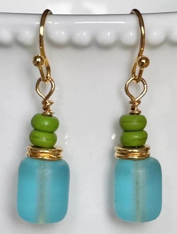 Beachy Gold, Green Stone and Blue Tone Sea glass Bead Earrings for Beach Lovers.