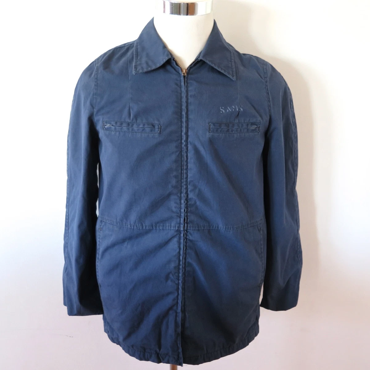 VINTAGE ORIGINAL USN US NAVY UTILITY WOMEN JACKET BLUE POPLIN STENCIL SIZE 14 L