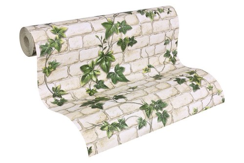 Ivy Brick Effect Wallpaper Stone Slate Textured Embossed White Green Modern - Picture 2 of 4