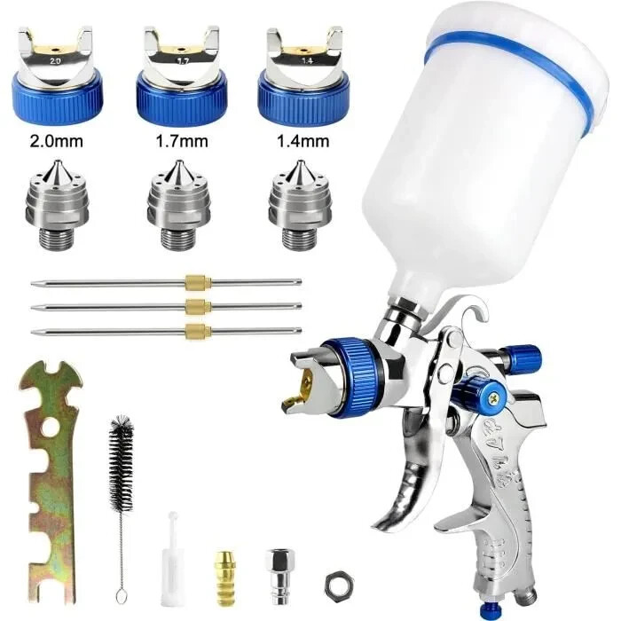Pistolet peinture haute pression pneumatique 600ml anti traces buses 1.4 1.7 2mm