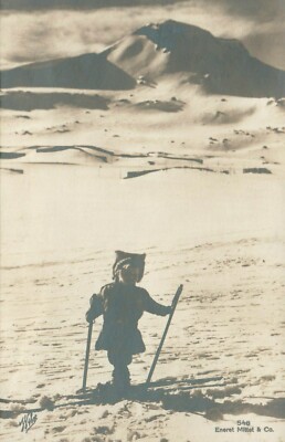 Vintage Snowy Mountains Young Skier Eneret Mittet & Co RPPC Real Photo Postcard