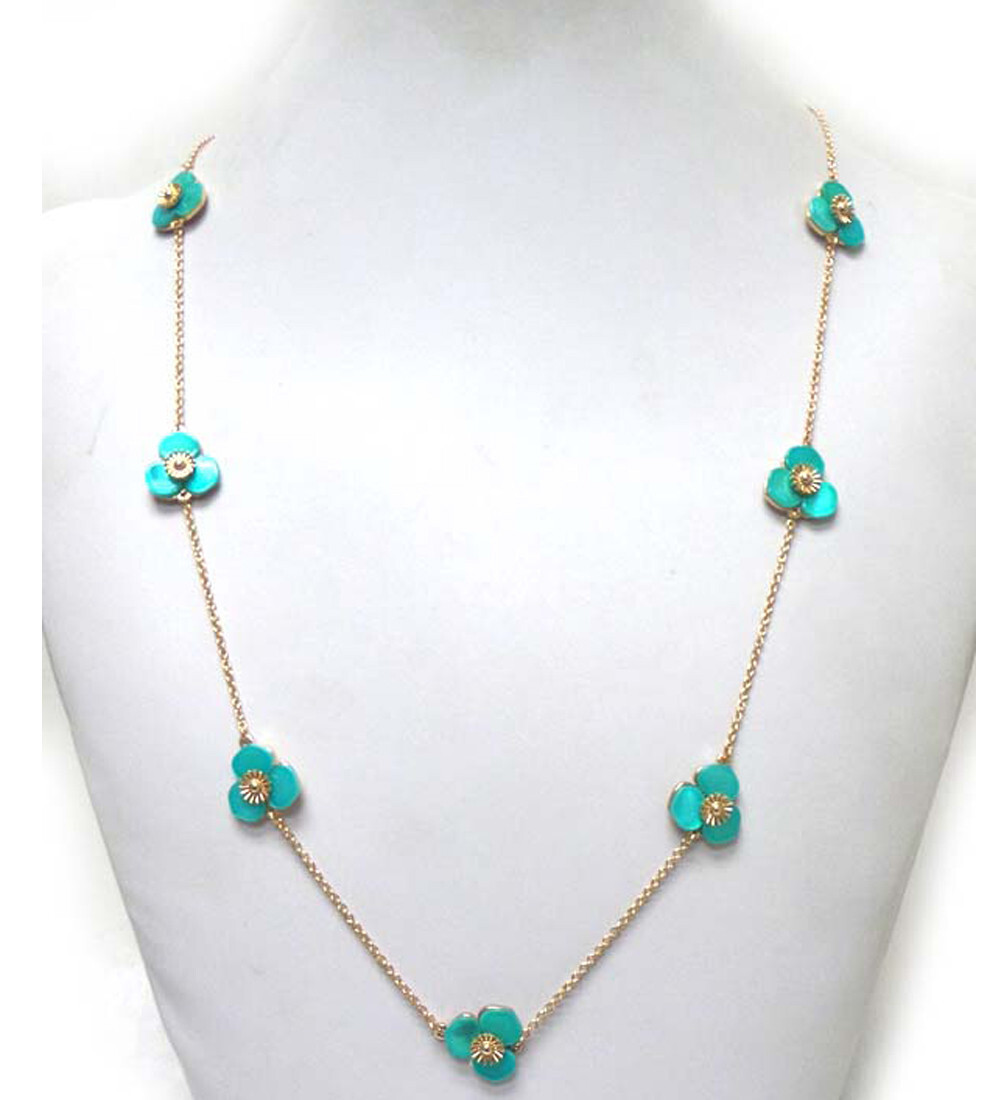 Turquoise Shell Flower Link Long Chain Necklace for Women