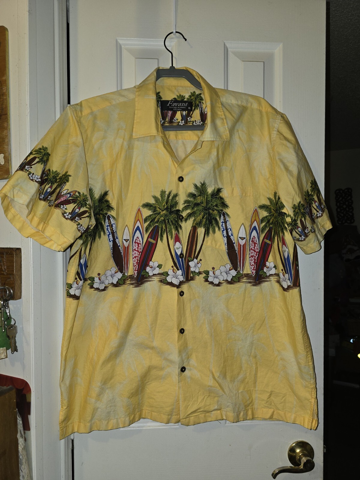 Favant MenS Hawaiian XL Yellow Surfboard Button Up
