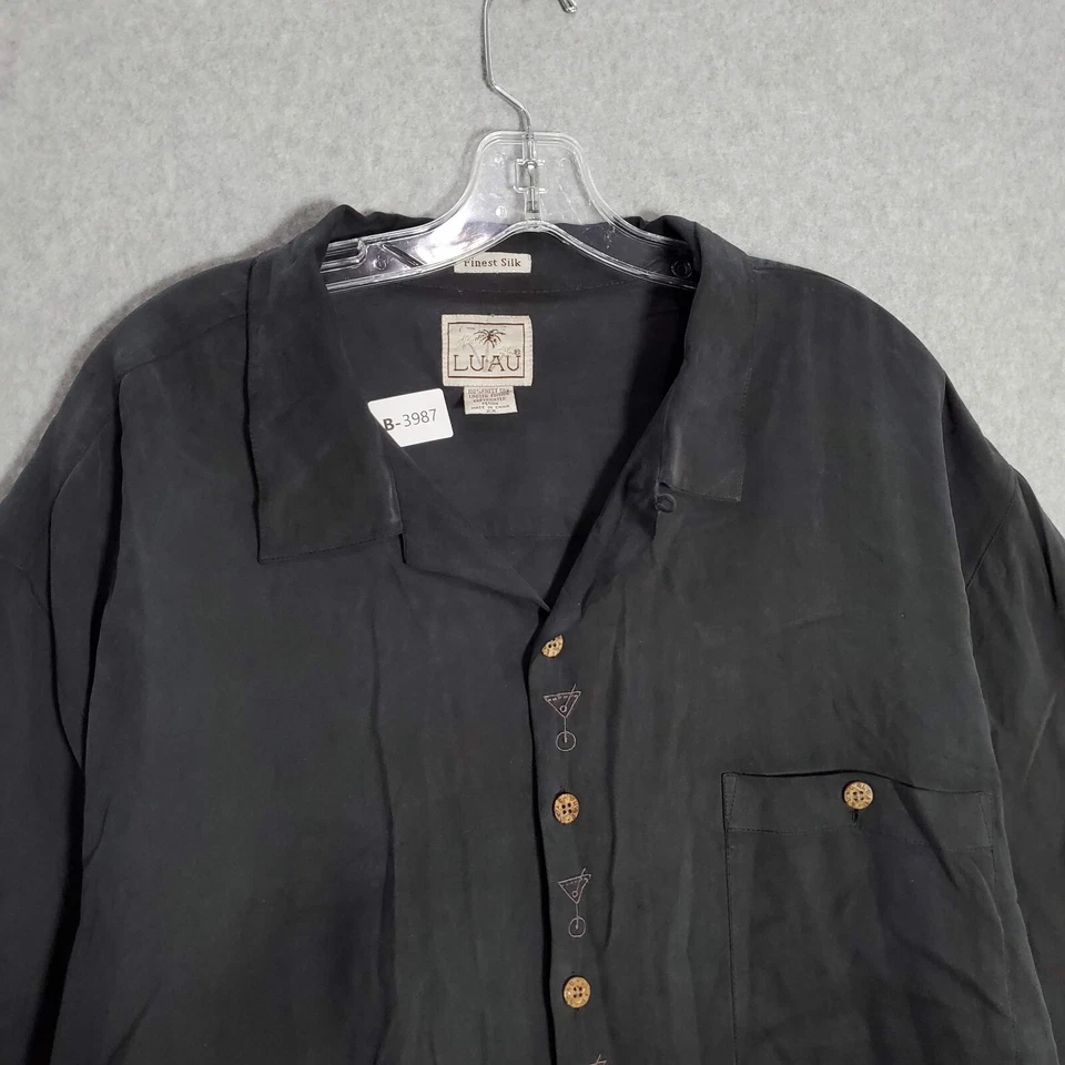 Camisa con botones Luau para hombre 2X negra 100 % seda Martini cigarros cuello bordado Foto 4 de 4