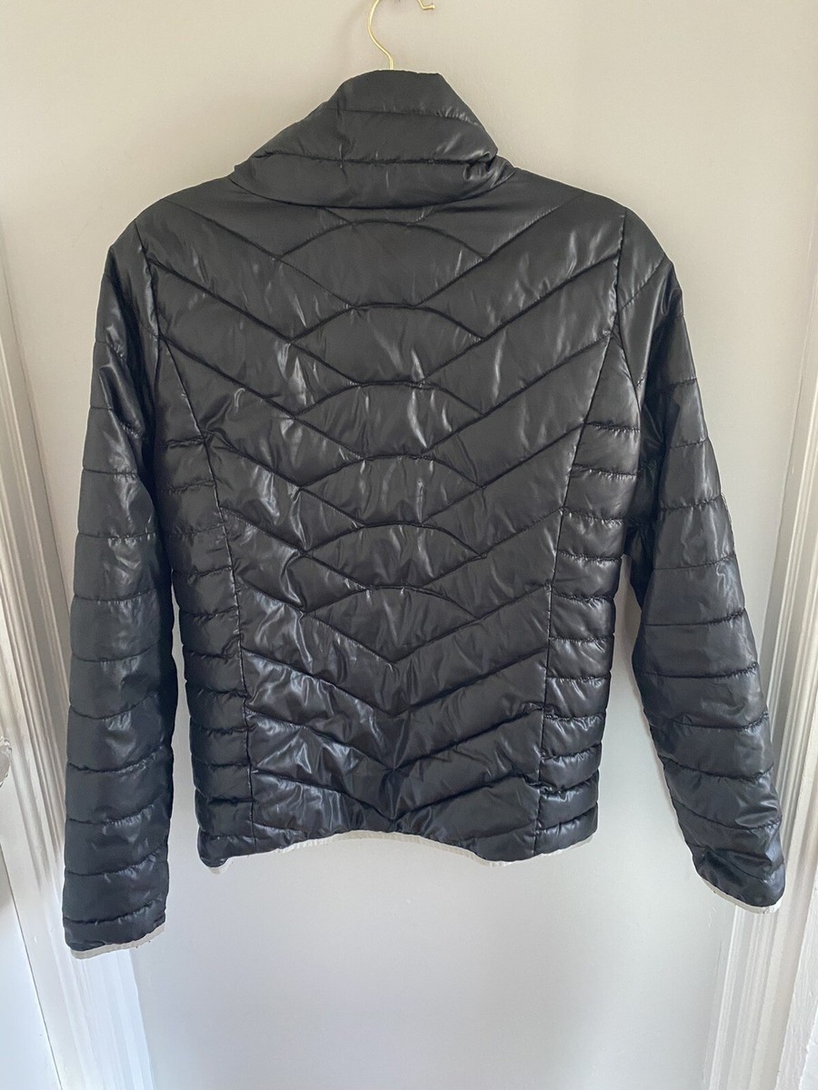 Reversible Packable Black/Geometric Quilted Zip Front Jacket