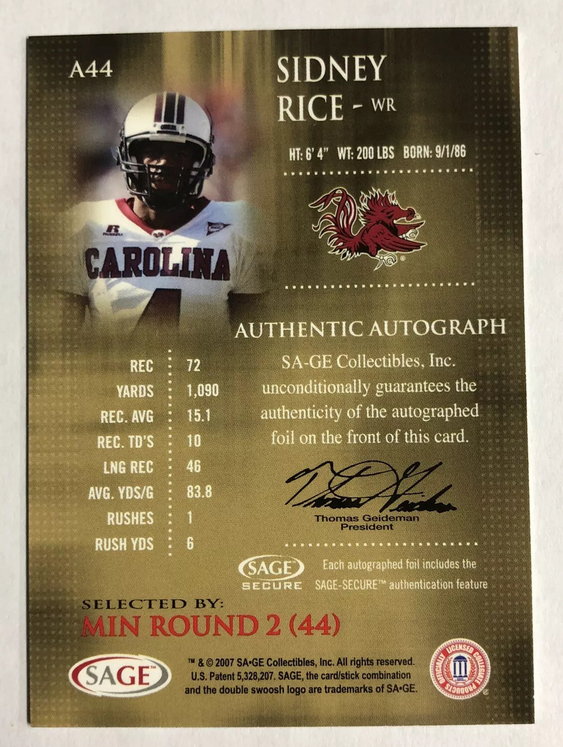 2007 SAGE Autographed Football - Autographs Sidney Rice #A44 Silver ...
