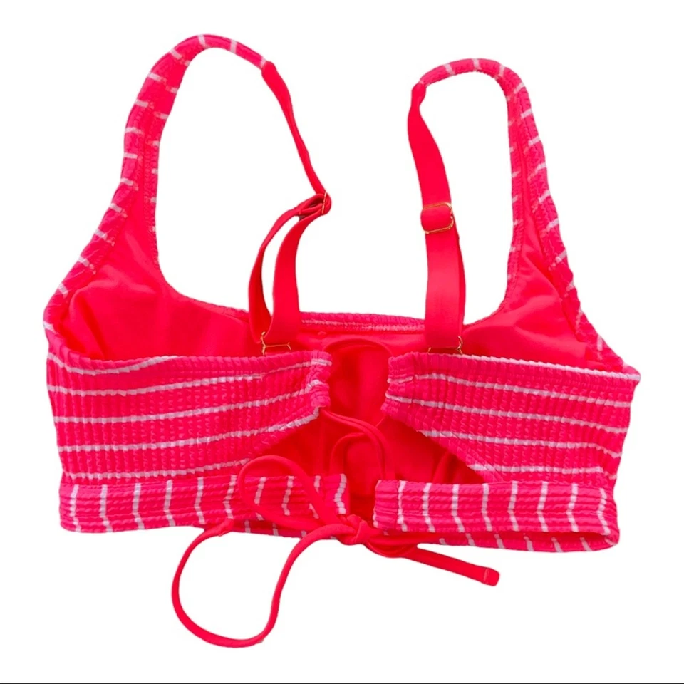 Xhilaration Hot Pink White Stripes Crinkle Textured Lace Up Back Bikini Top Med - Image 2 of 4