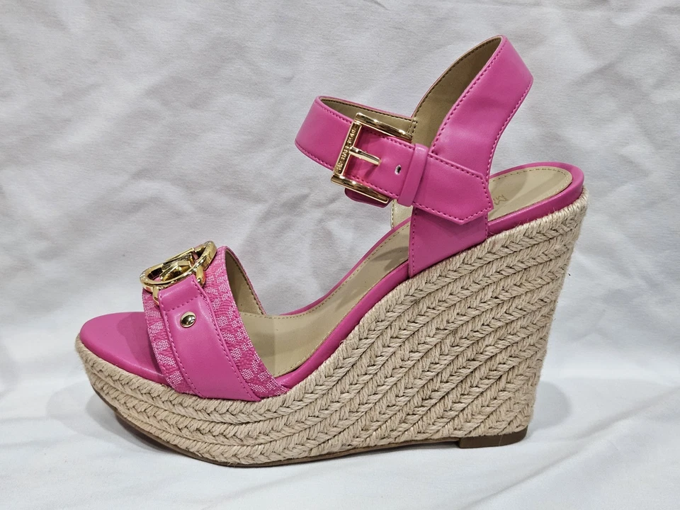 Michael Kors Rory Logo Trim Wedge Sandals – Pink Espadrille Platform – Size 6.5 - Image 3 of 4
