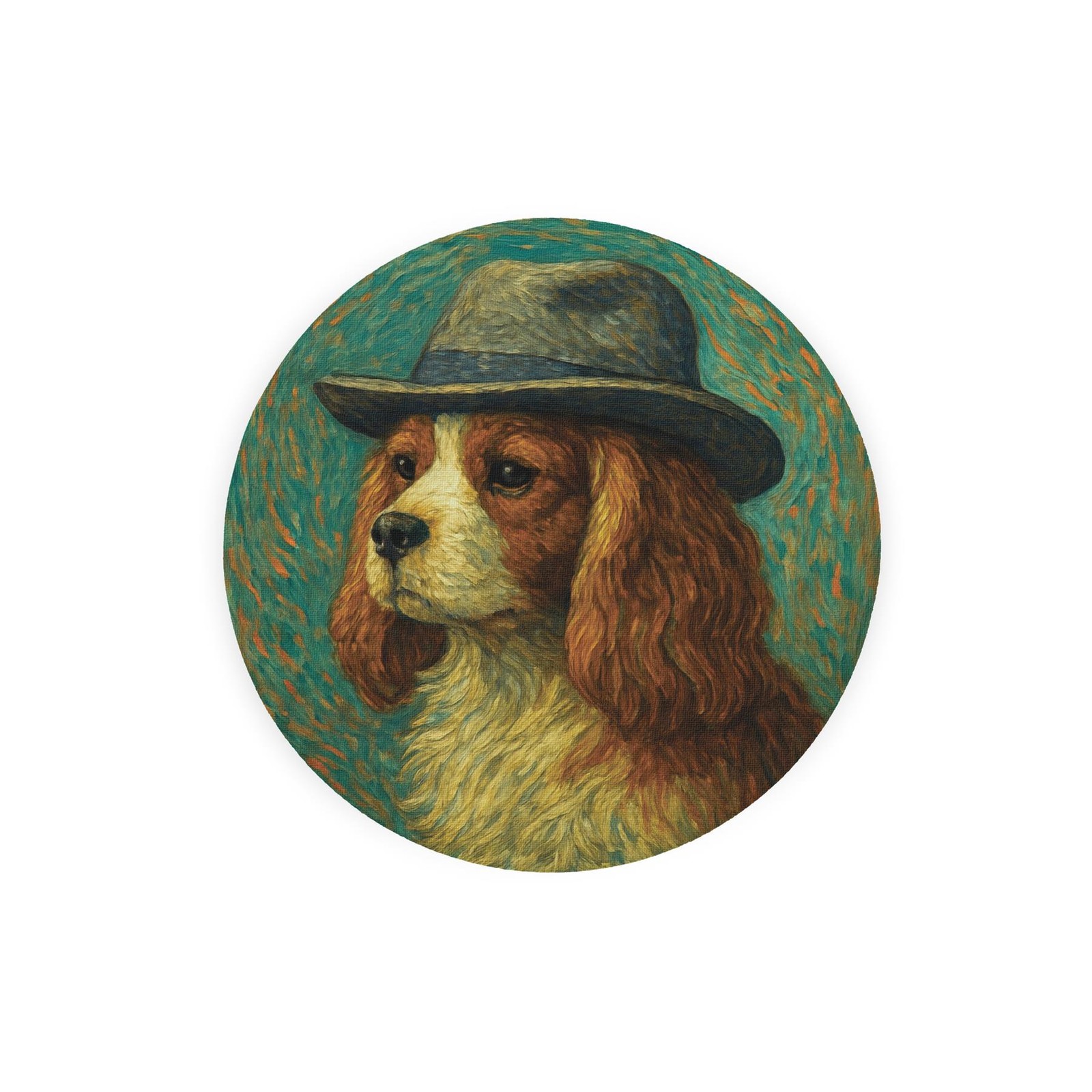 Van Gogh Cavalier King Charles Round Trivet - Small Textured Glass Board Gift