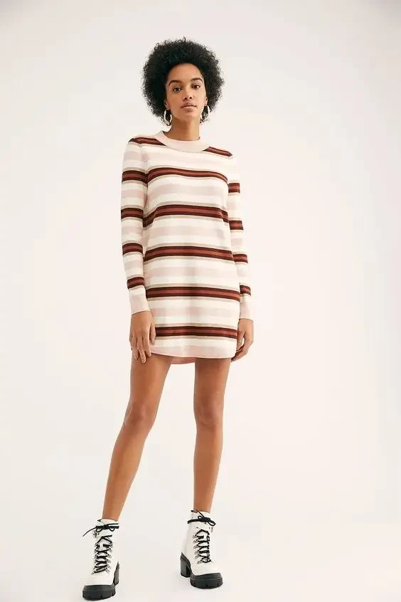 Free People Mock Neck Striped Sweater Mini Dress Womens Pink Ivory Brown Boho S