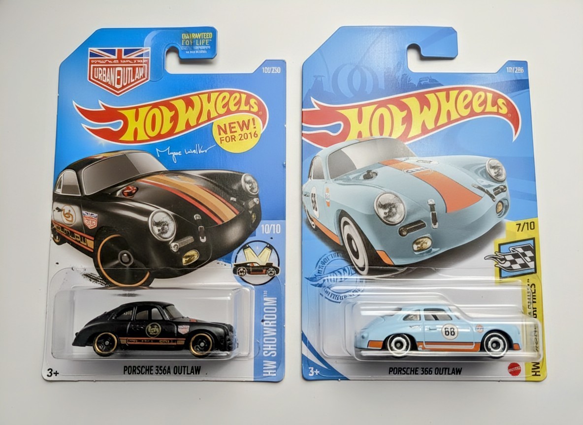 Hot Wheels Lot of 2 Porsche 356 Outlaw Black 2016 & Blue Gulf 2021 Diecast Cars
