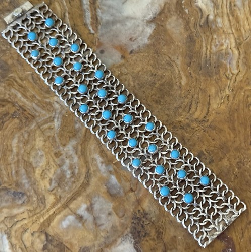 VTG TNC Mexico Sterling Silver & Turquoise 1.3 In Wide Curb Link Bracelet - Picture 19 of 23