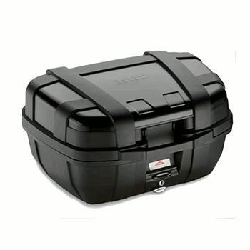 Gros top case noir mat étanche résolvant le manque de place à moto
