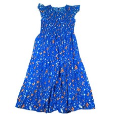 Blue Floral Smocked Ruffle Sleeve Midi Sundress Button Closure Size M